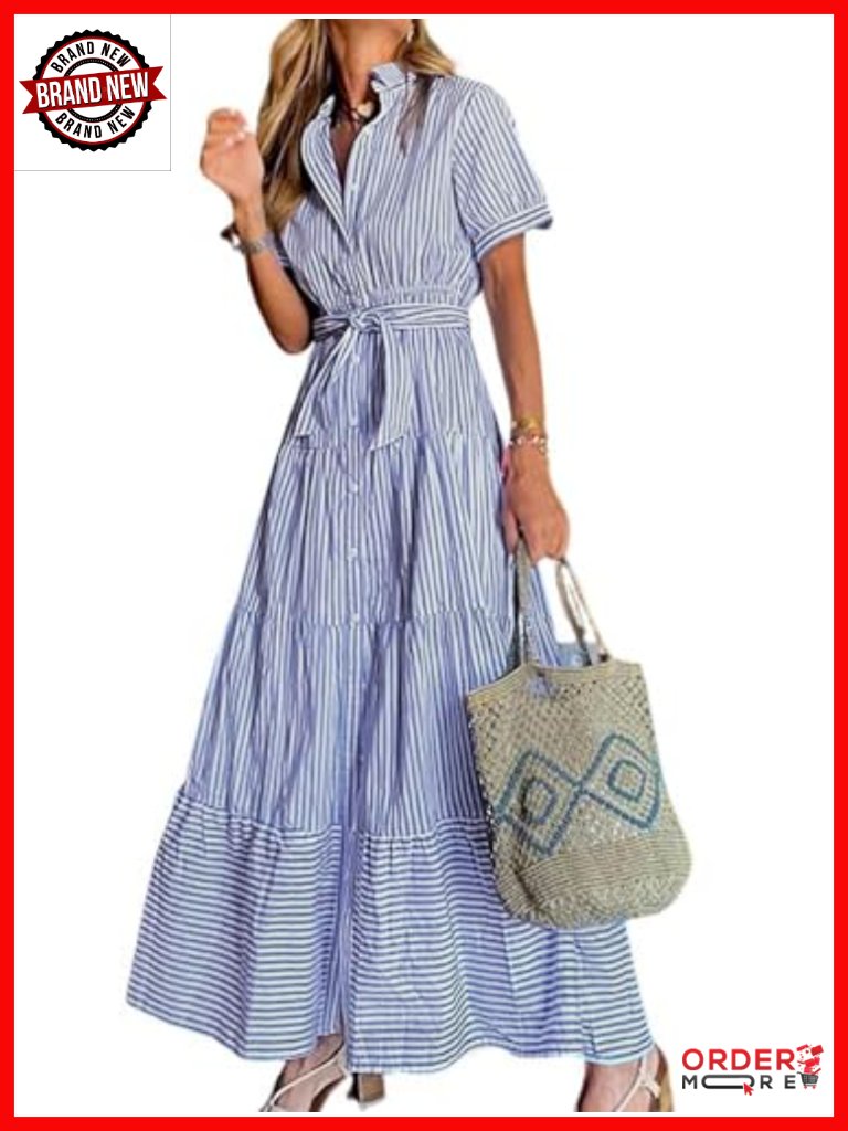 Short Sleeve Button Down Tie Waist Ruffled Striped Maxi Shirt Dress